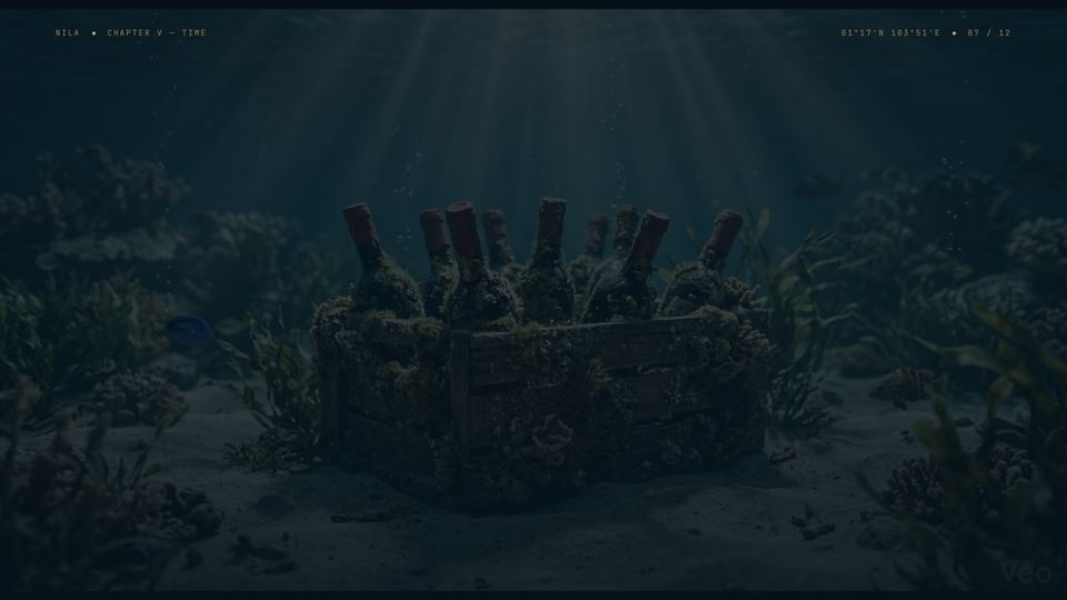 A deck slide: a crate of wine bottles resting on the sea floor