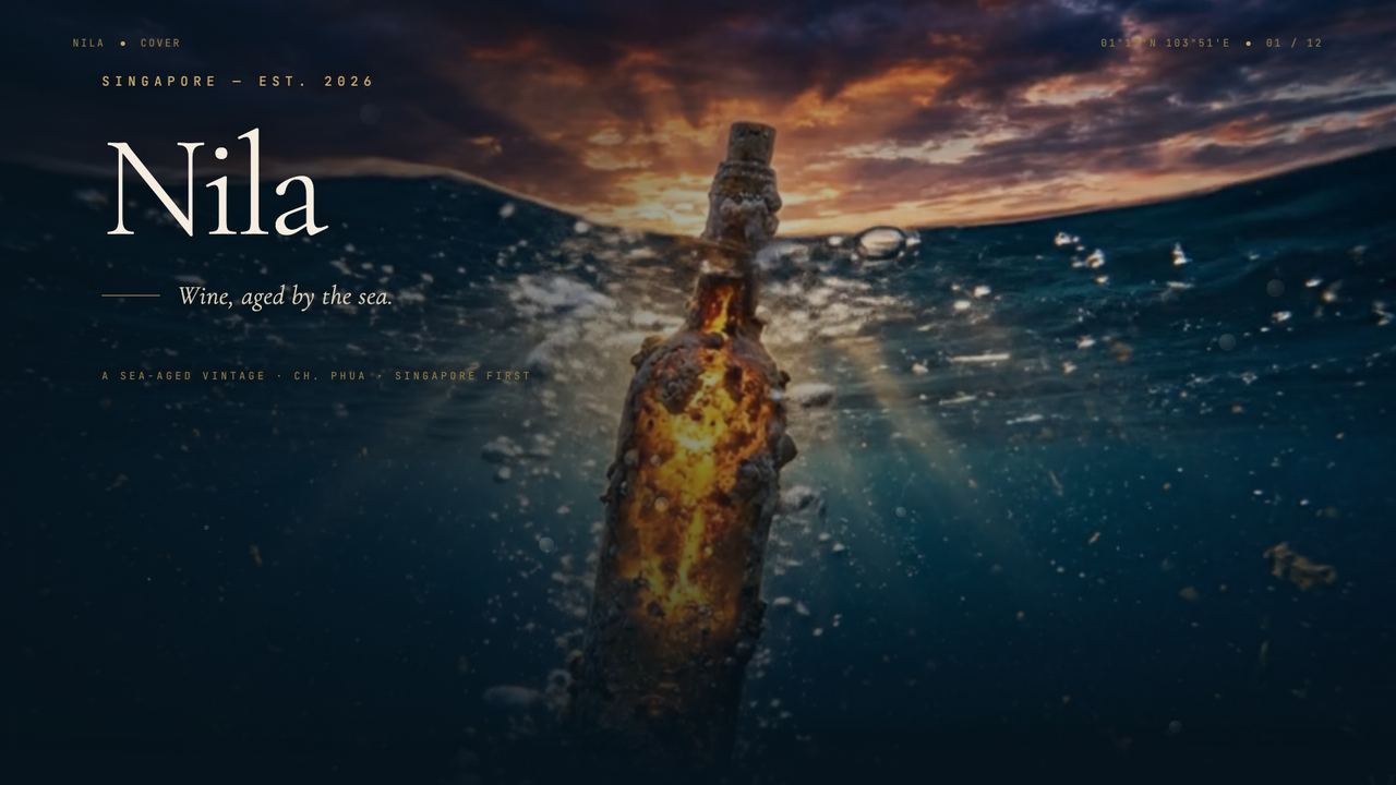 The Nila site opens on a barnacled bottle rising through the sea at sunset